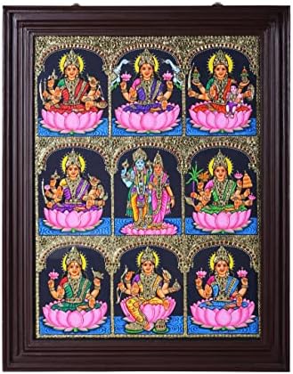 הודו אקזוטית אשטלאקשמי עם Vishnu Lakshmi Tanjore ציור | צבעים מסורתיים עם זהב 24 קראט | פראם עץ טיק